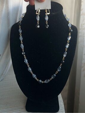 Gold Chain Necklace and Earring Set with Light Blue Beads and Dark Gray Pearls